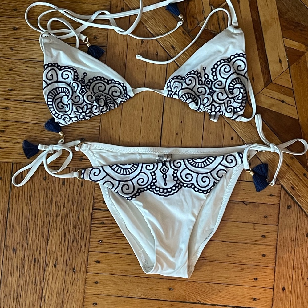 Nanette Lepore string bikini with blue embroidery and tassels